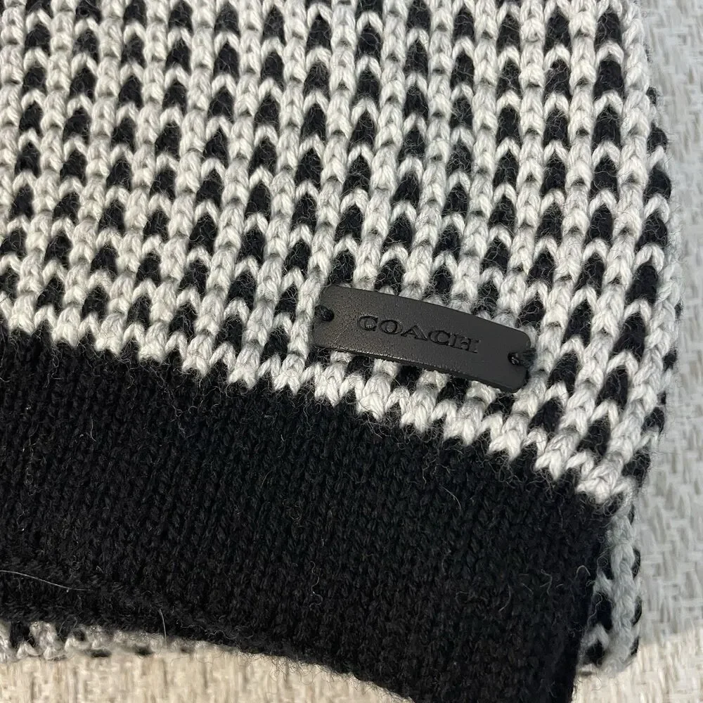 Coach Womens Scarf Black White Knit Wool Cotton Blend Logo Detail Classic Chic